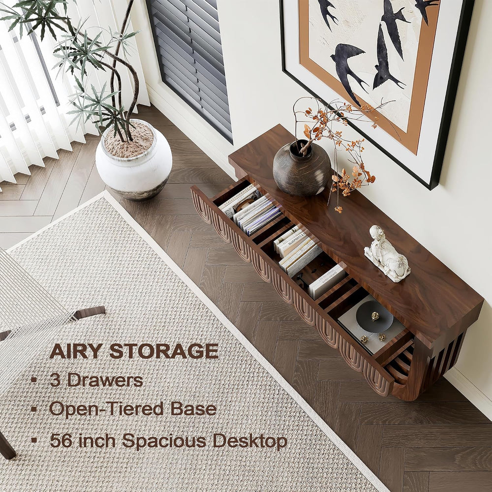 56 Inch Mid-Century Entryway Table, Console Table with 3 Drawers, Modern Sofa...