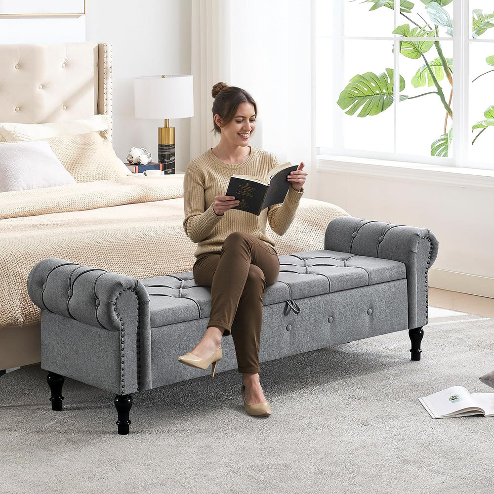 Storage Bench 67" Linen End of Bed Benches Grey | King Size Storage Benc...