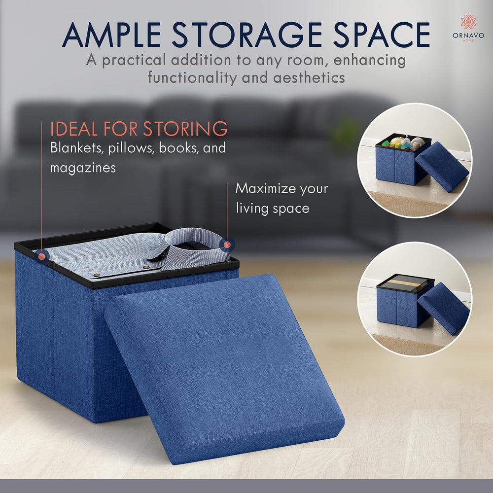 Ornavo Home Small Square Storage Ottoman, Set of 2, 12x12x12, Navy Blue