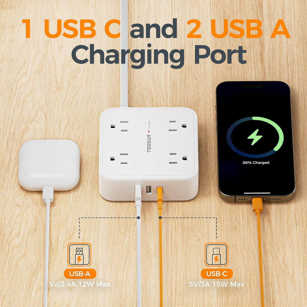 TESSAN Flat Plug Extension Cord, 5 Ft Surge Protector Power Strip with 3 USB (1 USB C) 8 Outlets, 900J Surge Protection, 3 Sided Outlet Extender with Power Switch for Dorm Room Essentials, White