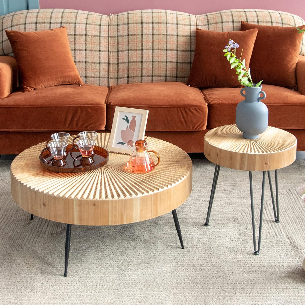 2-Piece Farmhouse Nesting Table Round | with Handcrafted Wood Radial Pattern,...