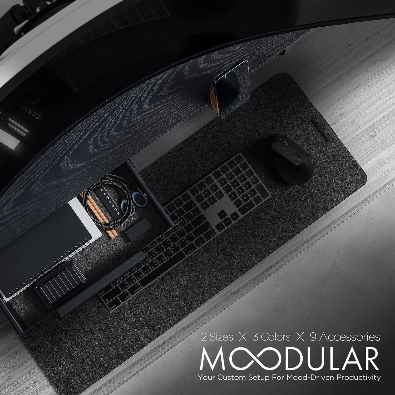Moodular Wooden Monitor Stand 45.6” (116cm) Large Desk Organizer with Metal Slide Rails for Drawer, Tray, Laptop, Tablet, Phone & Headphones Customizable Riser for Organized Workspace Black