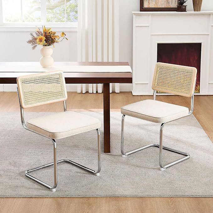 Zesthouse Natural Rattan Dining Chairs Set of 2, Mid Century Modern Dining Chairs with Solid Wood Back & Chrome Base, for Kitchen Living Room, Breuer Design Inspired, Upholstered Linen Fabric, Beige