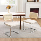 Zesthouse Natural Rattan Dining Chairs Set of 4, Mid Century Modern Dining Chairs with Solid Wood Back & Chrome Base, for Kitchen Living Room, Breuer Design Inspired, Upholstered Linen Fabric, Beige