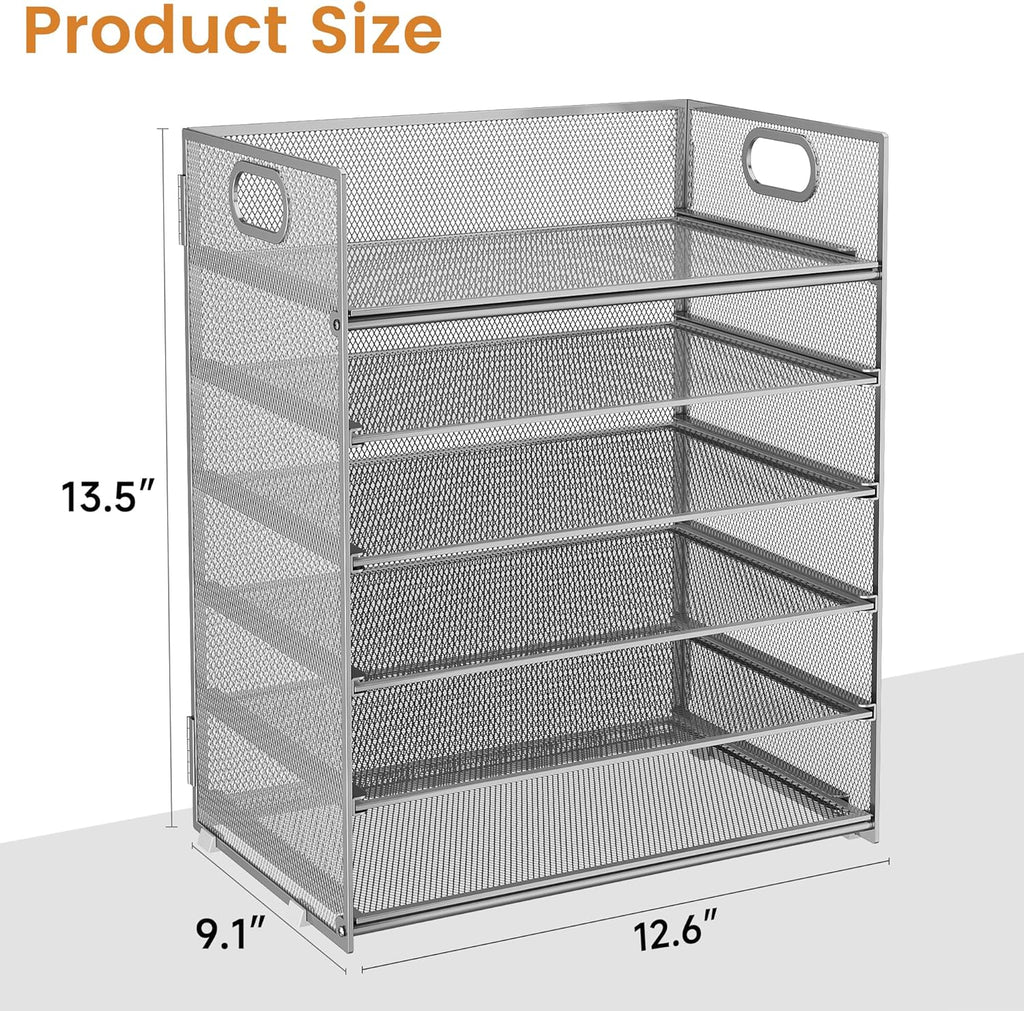 Subekyu 6 Tier Paper Organizer for Desk with Handle, Metal Mesh Desk Office File Folder Paper Letter Tray Accessories Organizer Sorter for Home, School, Office Desktop Document Organization - Silver