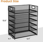 Subekyu 6 Tier Paper File Tray Organizer for Desk, Black Mesh Desk Letter Paper File Folder Accessories Sorter Organizer with Handle, Stackable Slide Tray for Office, Home or School Supplies Storage