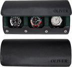 DailyWatch | Personalized Watch Roll Travel Case For 3 Watches - Handmade Genuine Leather Travel Case With Custom Engraving of Name or Initials - Black Green