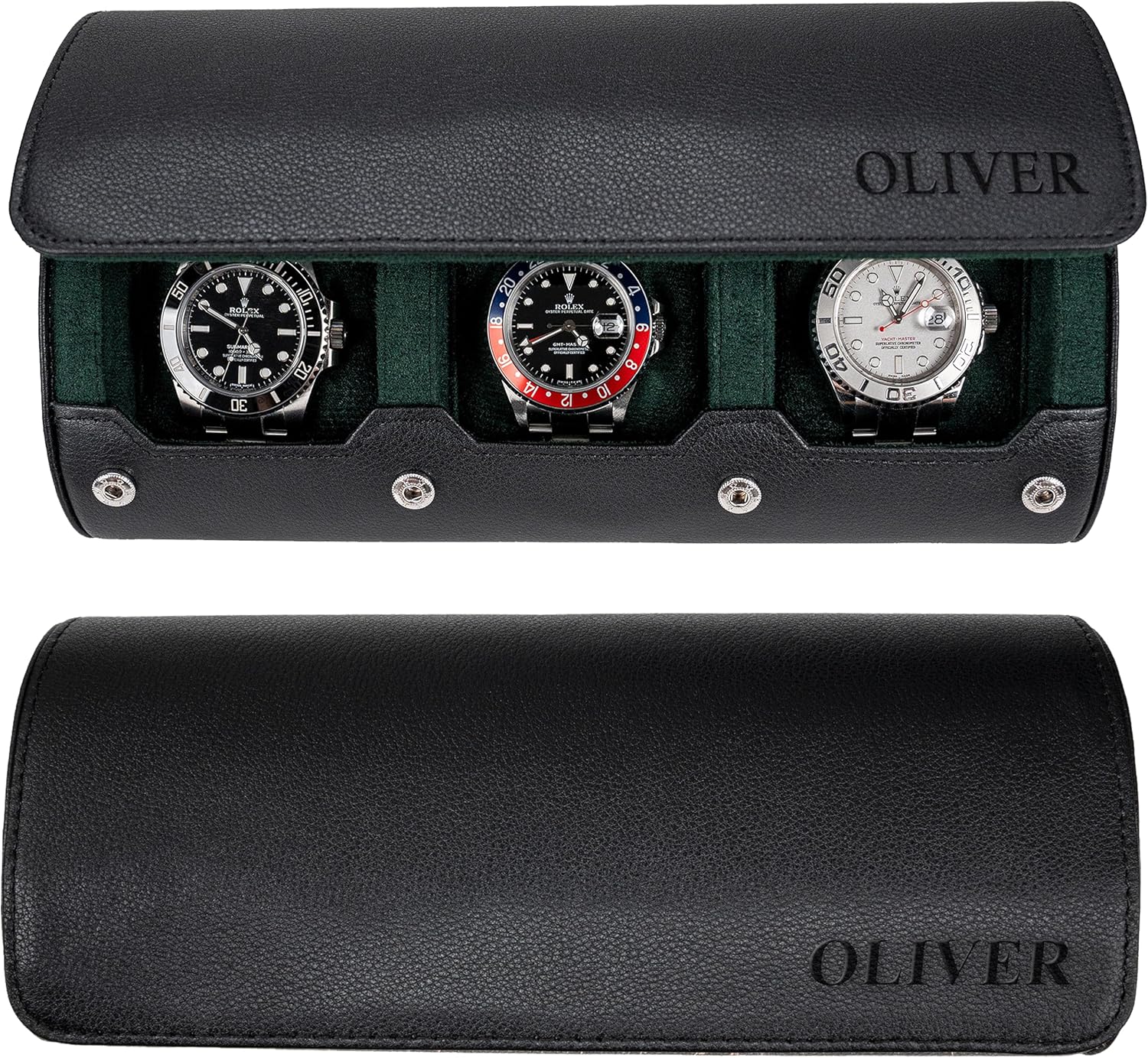 DailyWatch | Personalized Watch Roll Travel Case For 3 Watches - Handmade Genuine Leather Travel Case With Custom Engraving of Name or Initials - Black Green