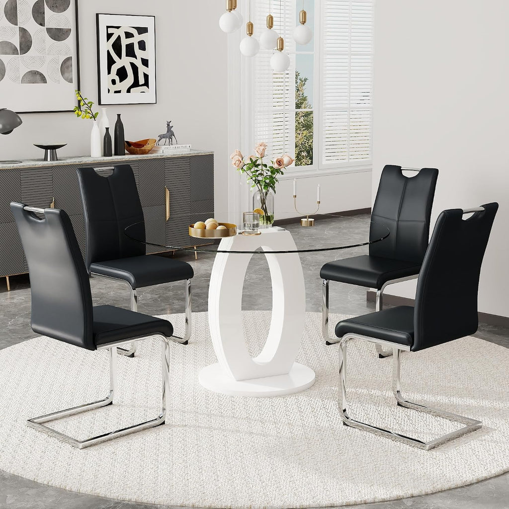 RGZ 39'' Modern Luxury Glass Round Dining Table for 4-6, Clear Circle Glass Top Kitchen Table with White MDF Base, Small Circular Minimalist Apartment Dinner Table for Home, Living Room, Tea