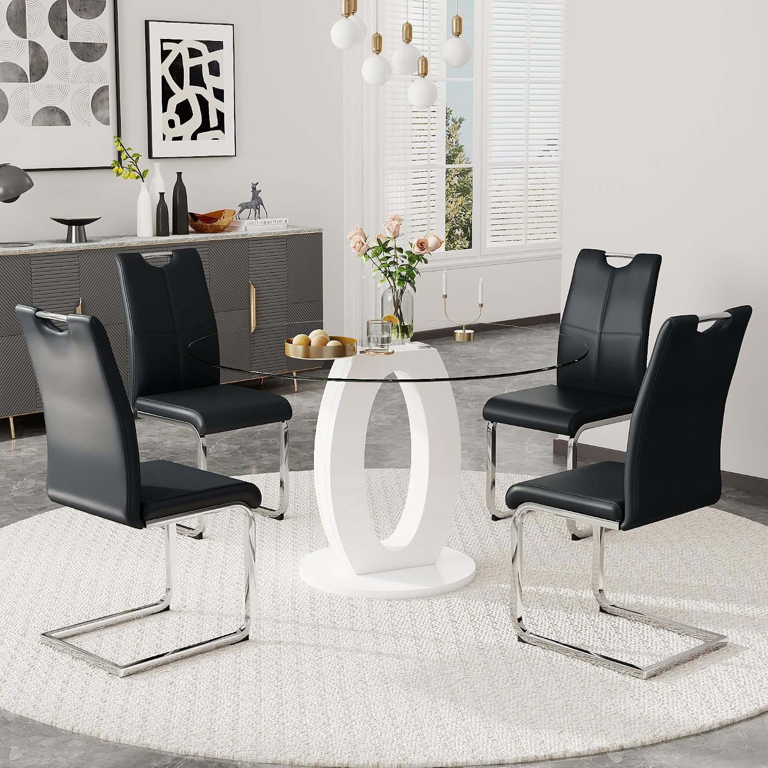 RGZ 39'' Modern Luxury Glass Round Dining Table for 4-6, Clear Circle Glass Top Kitchen Table with White MDF Base, Small Circular Minimalist Apartment Dinner Table for Home, Living Room, Tea