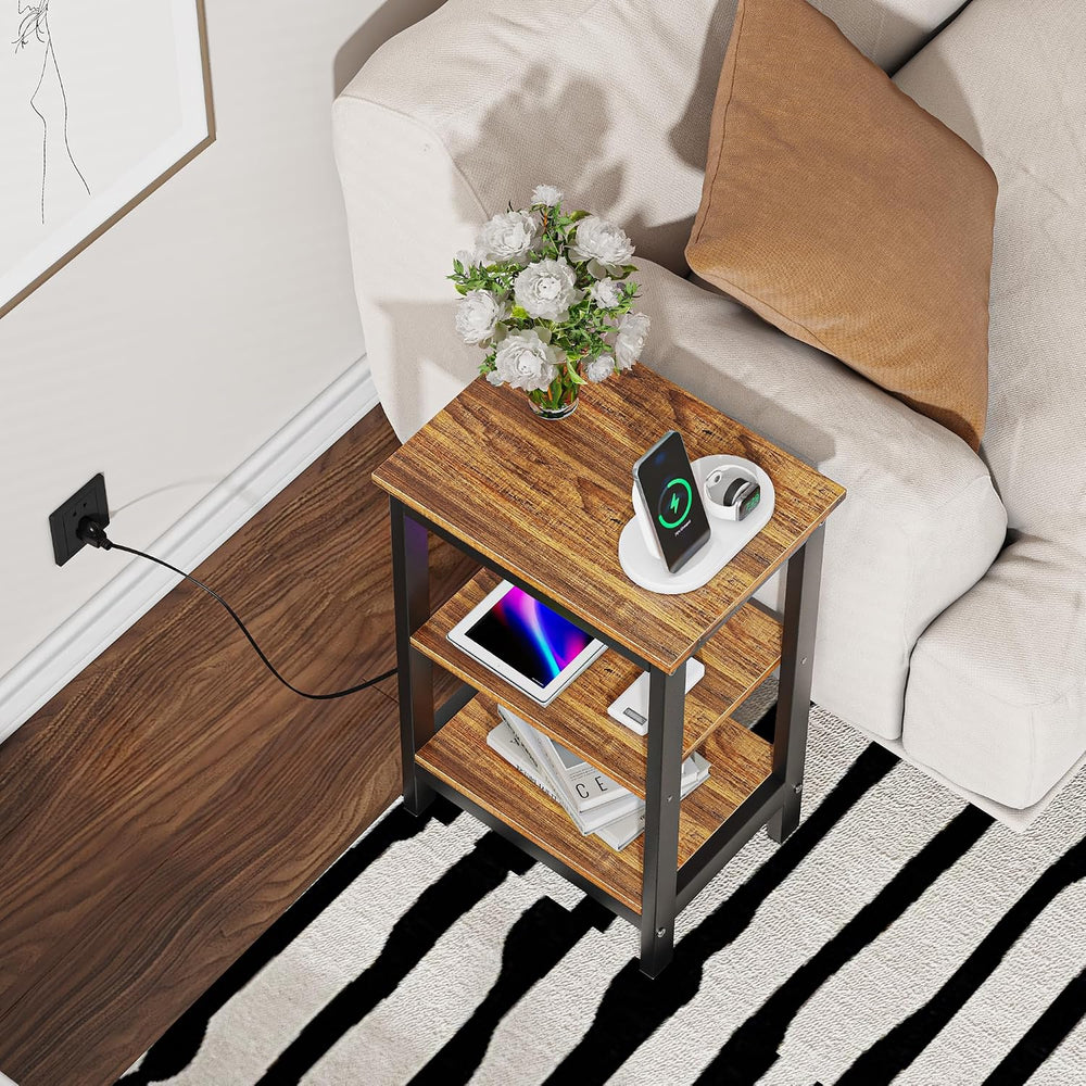 VECELO End Table with Charging Station and USB Ports, Small Wood Nightstand M...