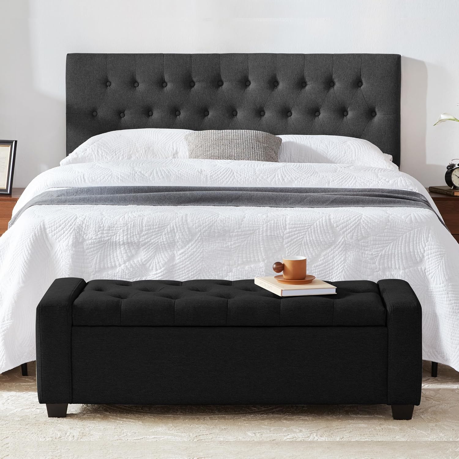 48" Ottoman with Storage, Black Storage Ottoman Bench with Safety Hinge | Upholstered Entryway Bench with Seating for Bedroom, Living Room, Holds up to 330 lb