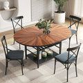 VFK 47.2"-63" Extendable Round Dining Table Set for 4–6, Solid Wood & Metal Table with Wine Rack Storage Shelf, Walnut Kitchen Furniture with 4 Upholstered Chairs (Storage Table and 4 Black Chairs)