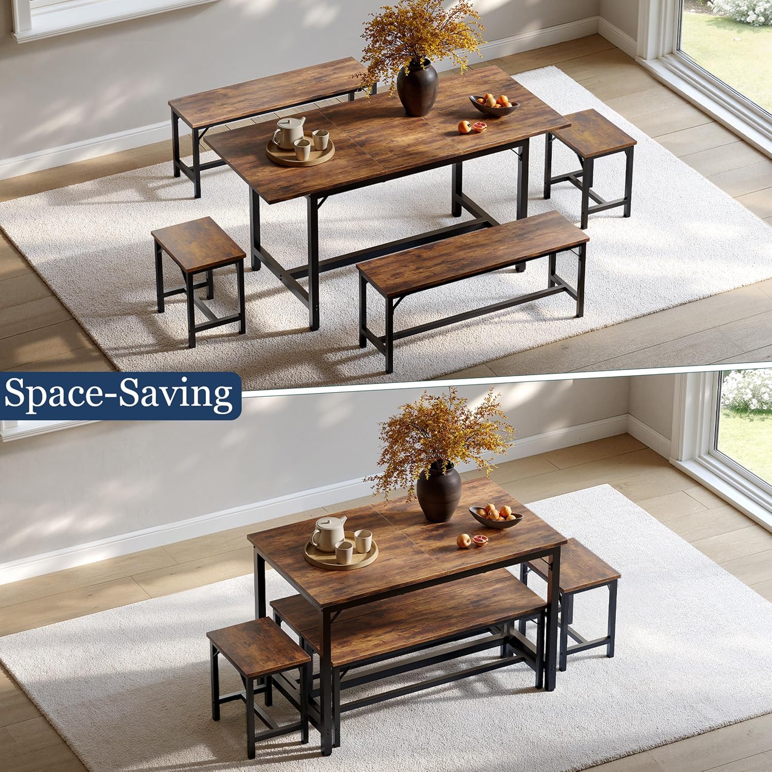 Tatub 5-Piece Dining Table Set for 4-8, 63" Extendable Dining Room Table with 2 Benches and 2 Square Stools, Space Saving Rectangle Kitchen Table Set for Breakfast Nook and Small Space,Brown