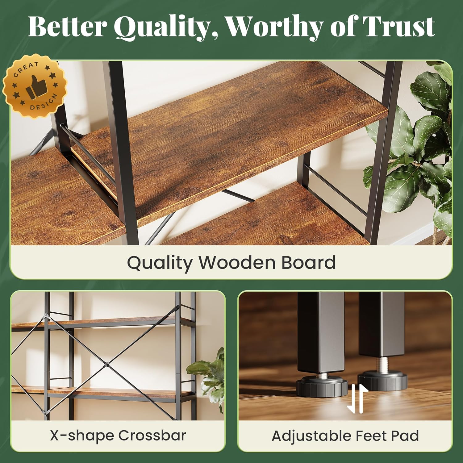 Huuger 5 Tier Bookshelf, L Shaped Corner Bookshelf with 10 Open Shelves, 49.4 Inch Straight Wide Bookcase with Metal Frame and Wooden Board, Adjustable Feet, Rustic Brown