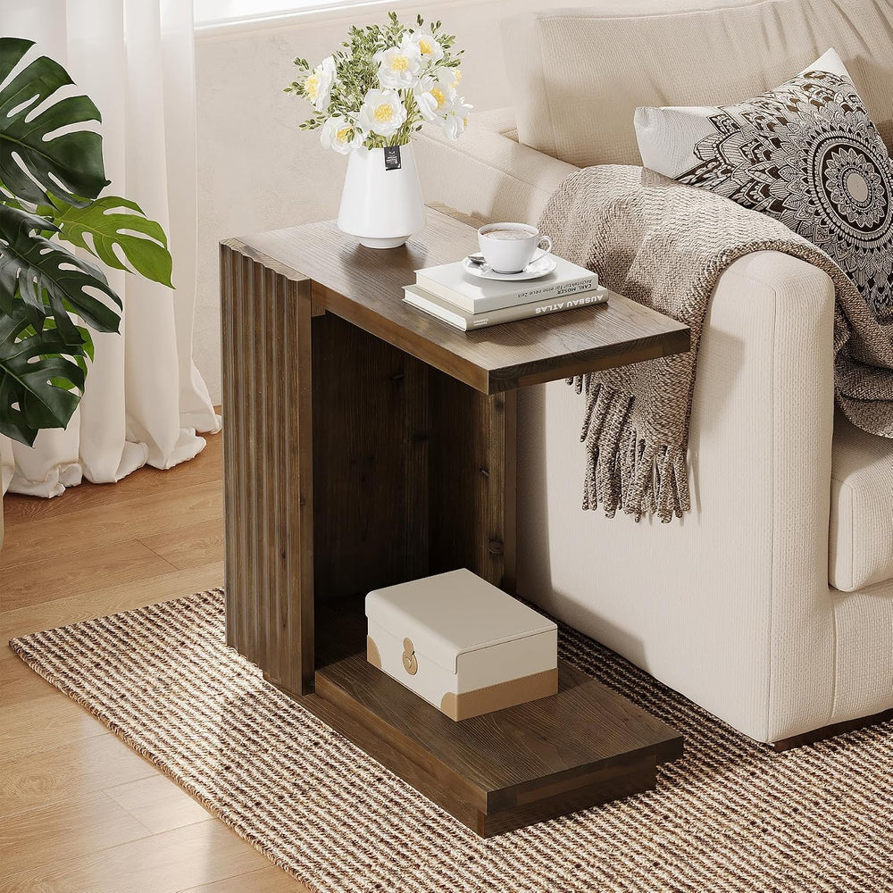Solid Wood Side Table, C Shaped Narrow Sofa End Table with Fluted Panels and ...