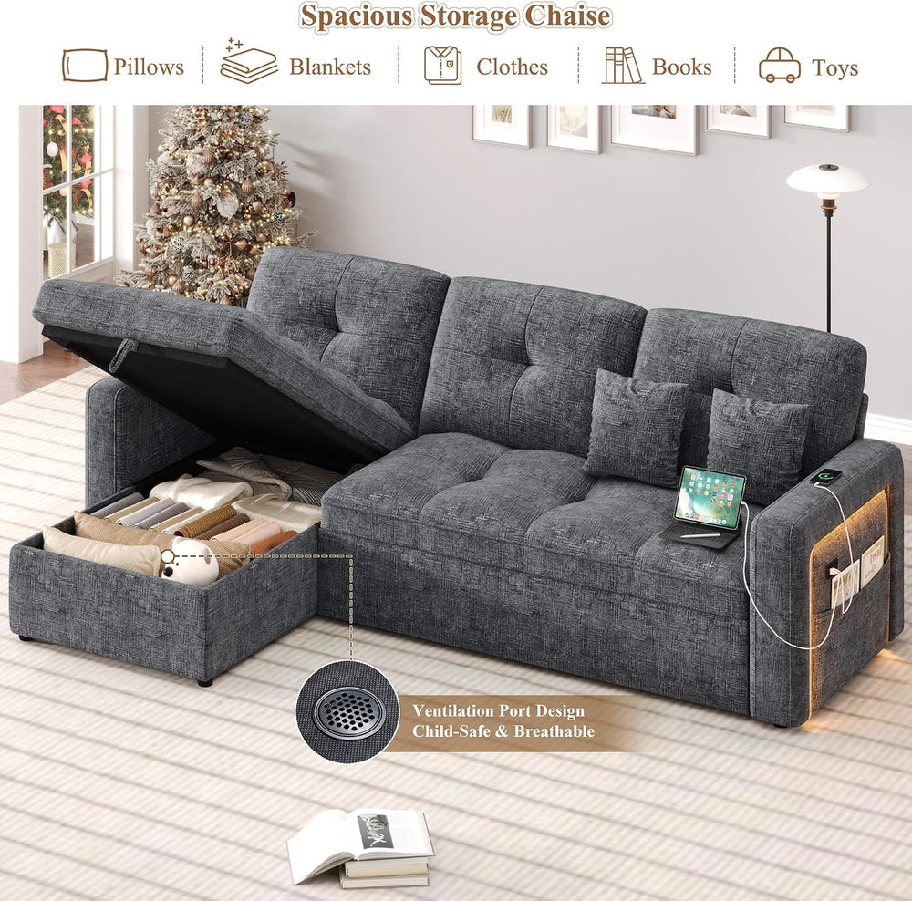 81'' LED L-Shaped Sectional Couch for Living Room, Sleeper Sofa Bed, ...