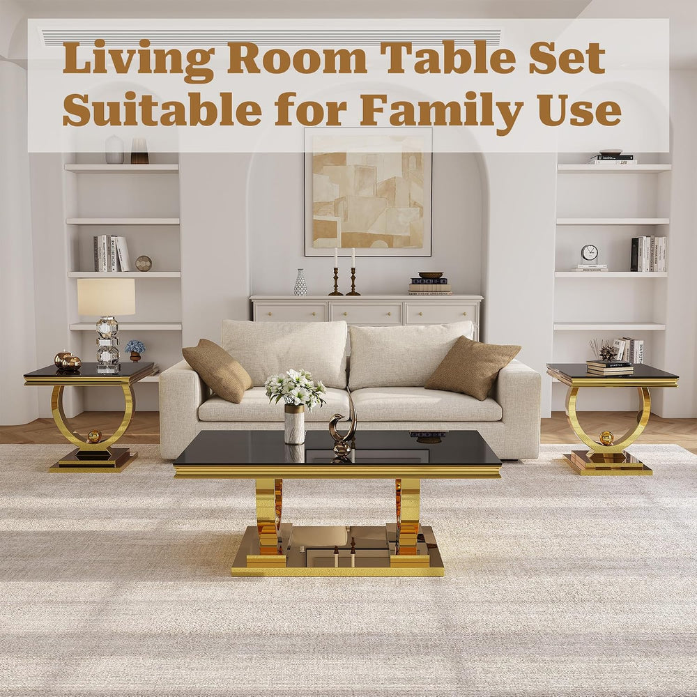 Coffee Table Set of 3, Coffee Table and 2 End Table, Gold/Black | Modern Livi...