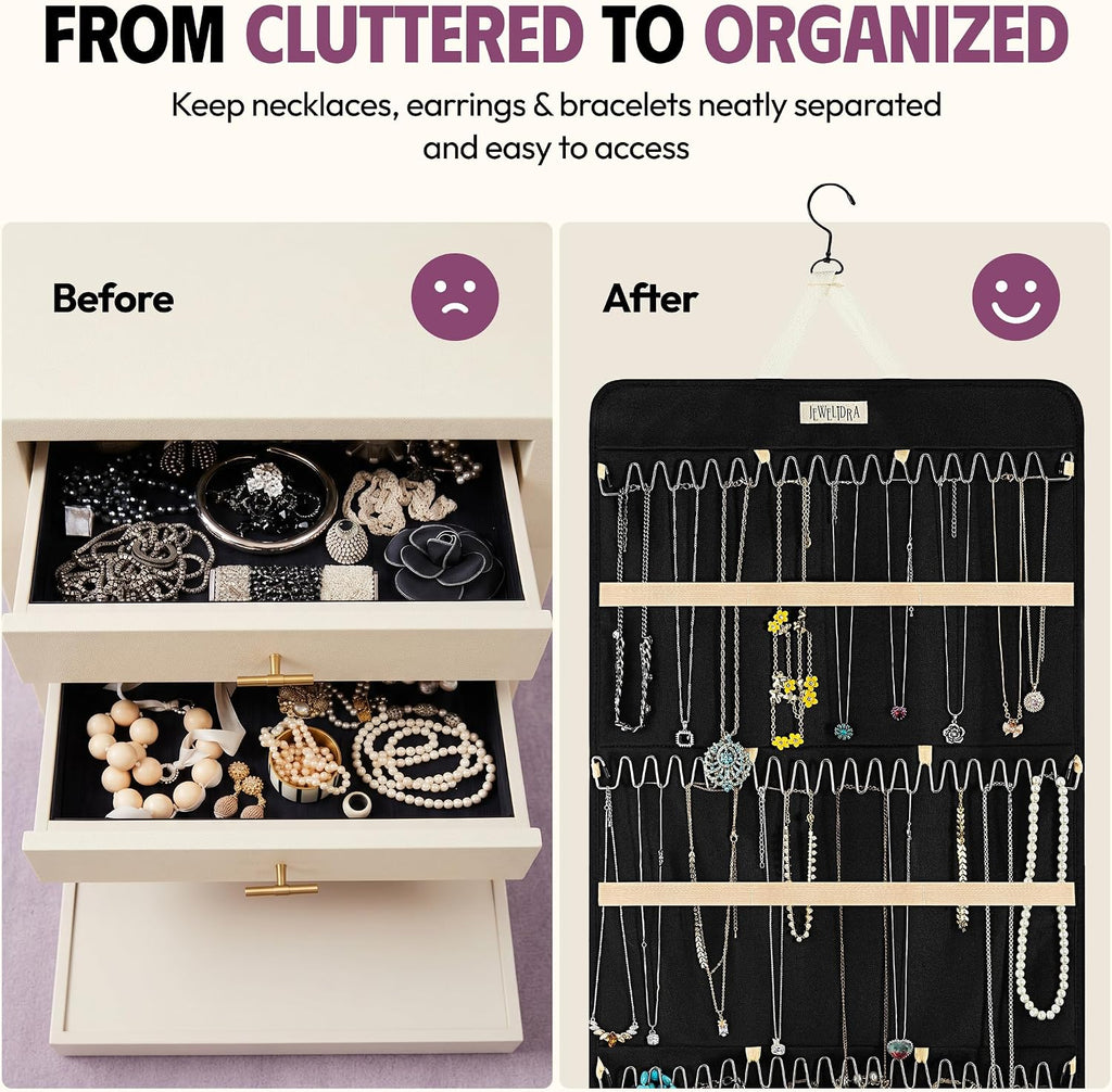 Hanging Jewelry Organizer 34.7 x 17.2 inches XL Size with Clear Pockets & Hooks – Double-Sided Necklace, Earrings & Rings Storage Holder – Space-Saving Closet Organizer for Women