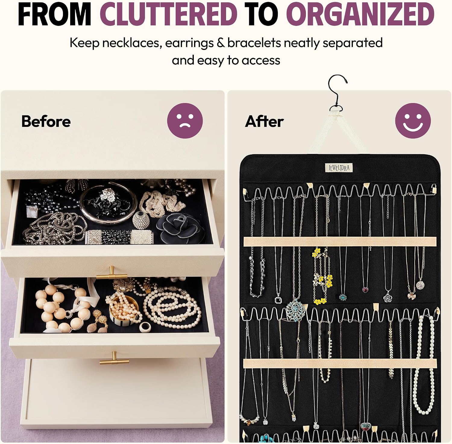 Hanging Jewelry Organizer 34.7 x 17.2 inches XL Size with Clear Pockets & Hooks – Double-Sided Necklace, Earrings & Rings Storage Holder – Space-Saving Closet Organizer for Women