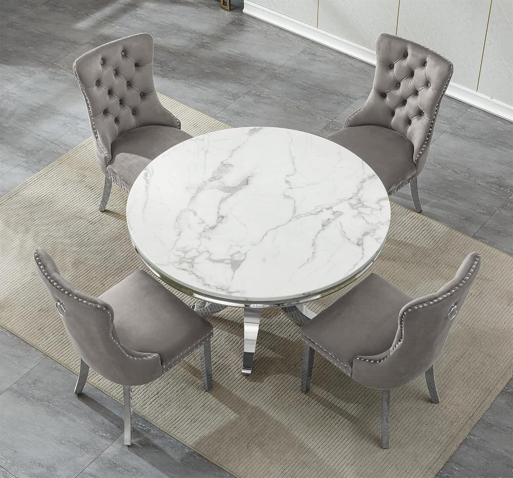 5-Piece White Marble Round Dining Table Set for 4, Modern Faux Marble Kitchen...