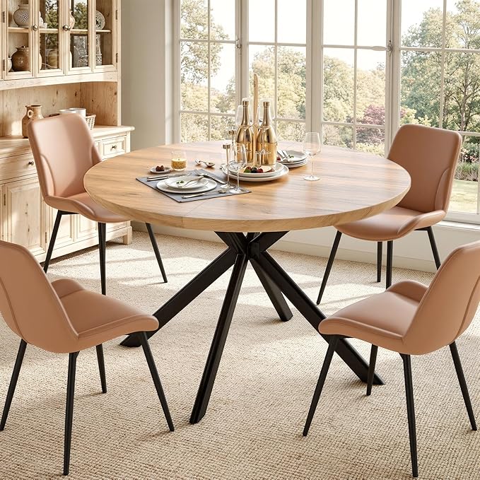 47.2" 5-Piece Round Dining Table Set for 4, Modern Wood Dining Table with 4 Upholstered Chairs, Kitchen & Dining Room Table Set with Metal Base for Apartment, Small Space, Natural Table+4 Brown Chairs