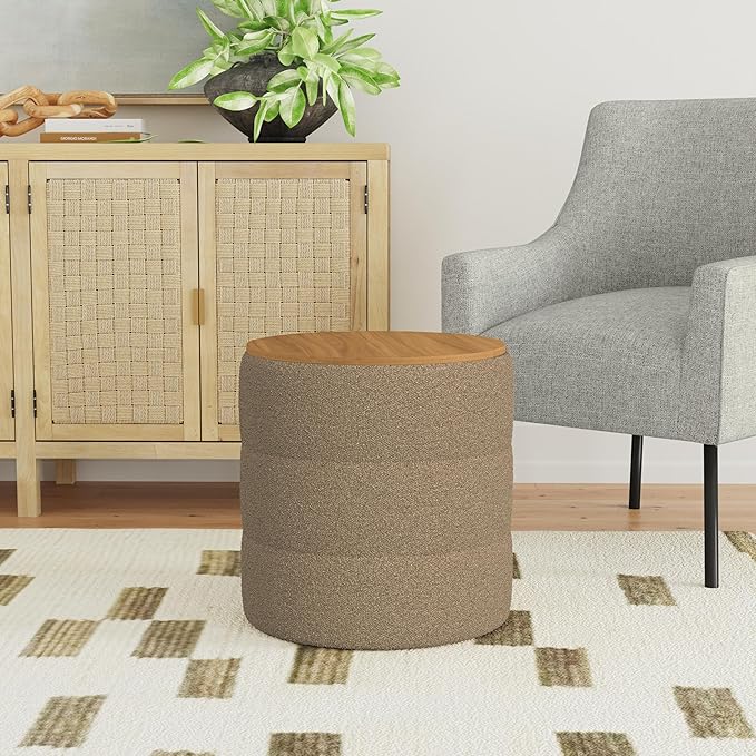 HomePop Channel Storage Ottoman with Wood Top - Brown Boucle