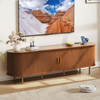 DHH 70.8 Inch Mid Century Modern TV Stand with Power Outlet for TVs up to 80 Inch, Entertainment Center with Storage and Adjustable Shelves, Media Console with Sliding Doors for Living Room(Walnut)