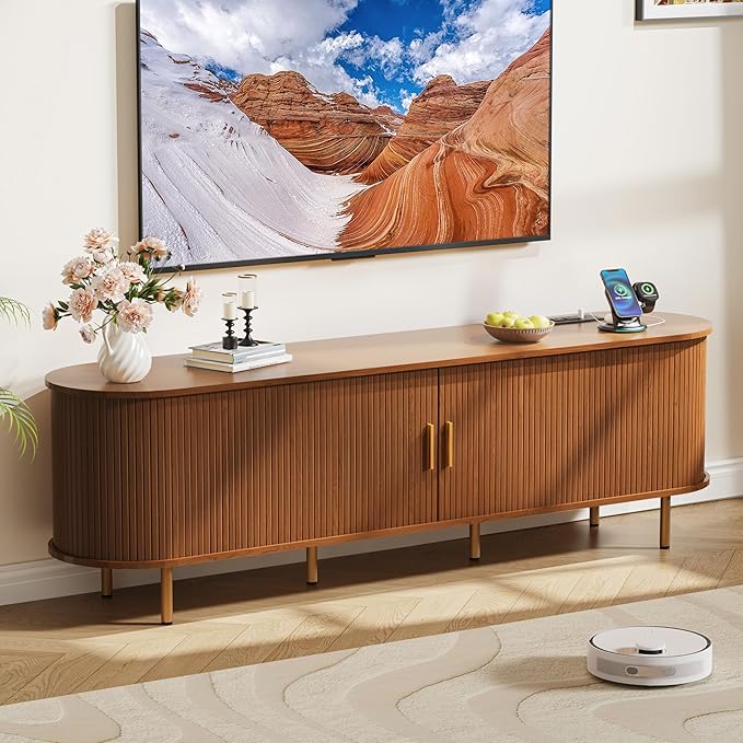 DHH 70.8 Inch Mid Century Modern TV Stand with Power Outlet for TVs up to 80 Inch, Entertainment Center with Storage and Adjustable Shelves, Media Console with Sliding Doors for Living Room(Walnut)