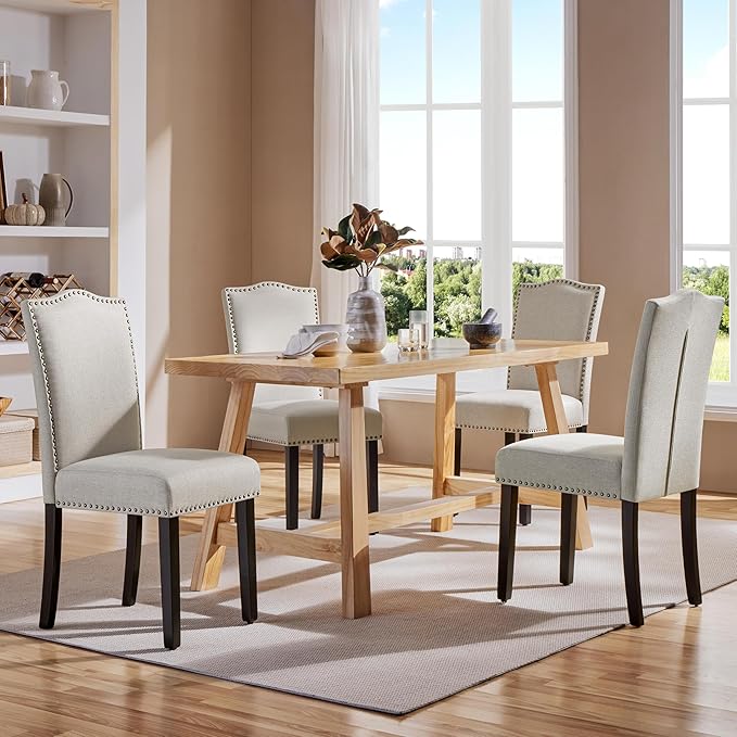 Yaheetech Dining Chairs Set of 4 Modern Kitchen Chairs with Fabric Upholstered Seat and Solid Wood Legs for Home Kitchen, Beige