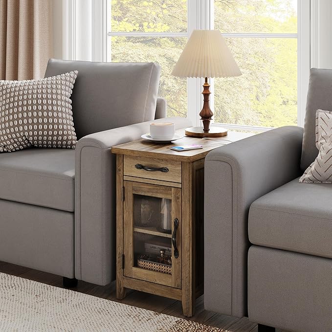 LINSY HOME End Table Set of 2 with Charging Station, Modern Farmhouse Sofa Co...