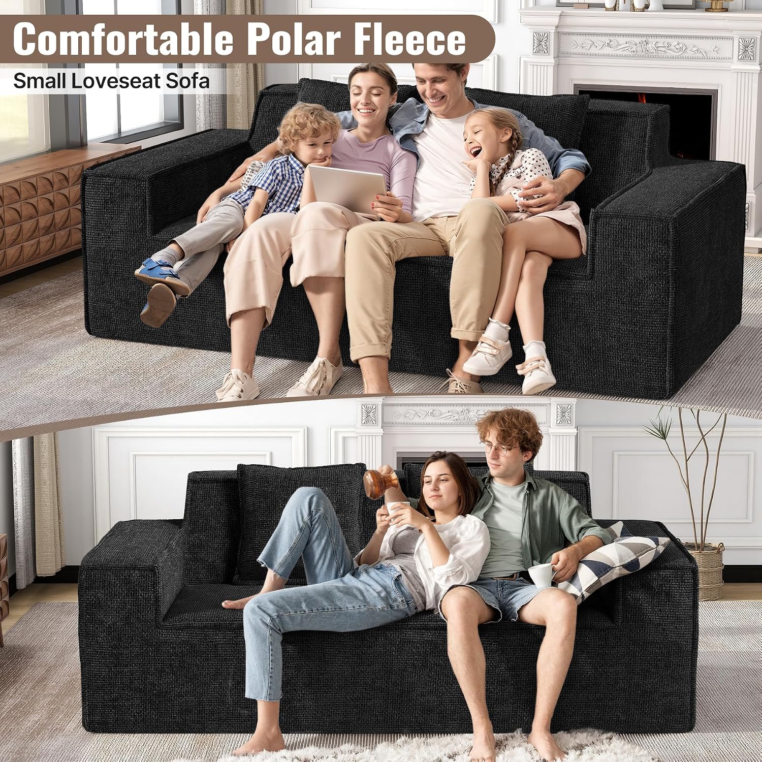 Luxanimarion 77'' Modern Small Cloud Loveseat Sofa, Boneless Love Seat | No Assembly Required Comfy Couches Includes 2 pcs Pillows for Living Room, Bedroom, Apartment, Polar Fleece Black