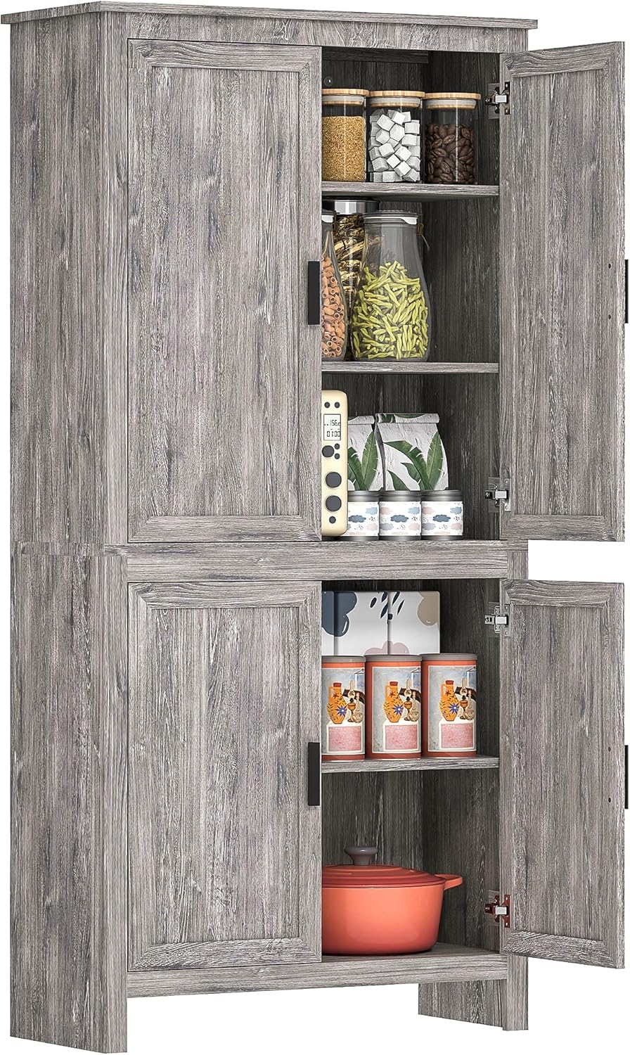 HOMCOM 64" Kitchen Pantry Cabinet, Freestanding Storage Cabinet with 4 D...