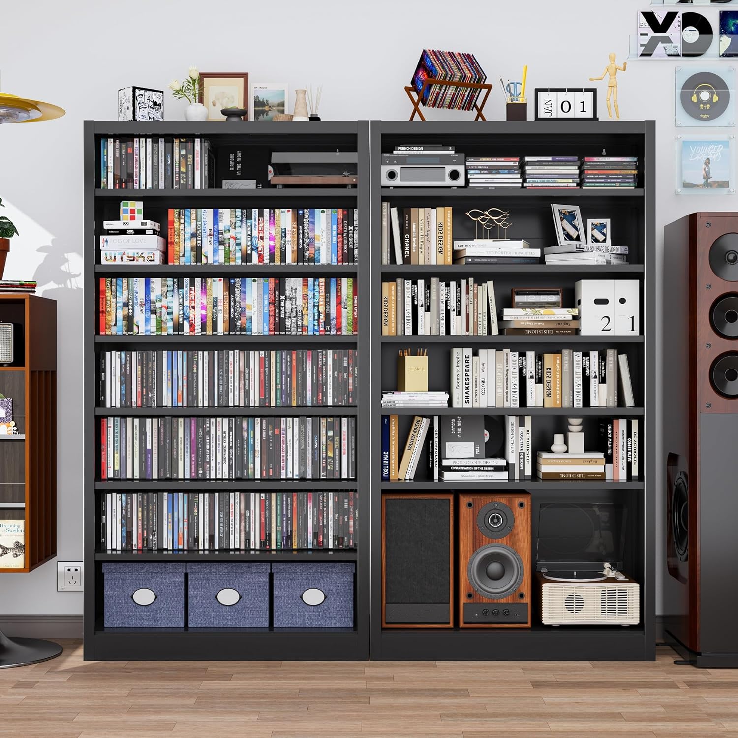Metal CD Storage Shelf, 7 Tier Tall DVD Storage Cabinet with Adjustable Shelves, Freestanding Rack for Media, Video, Games, Black Bookshelf for Living Room, Media Room