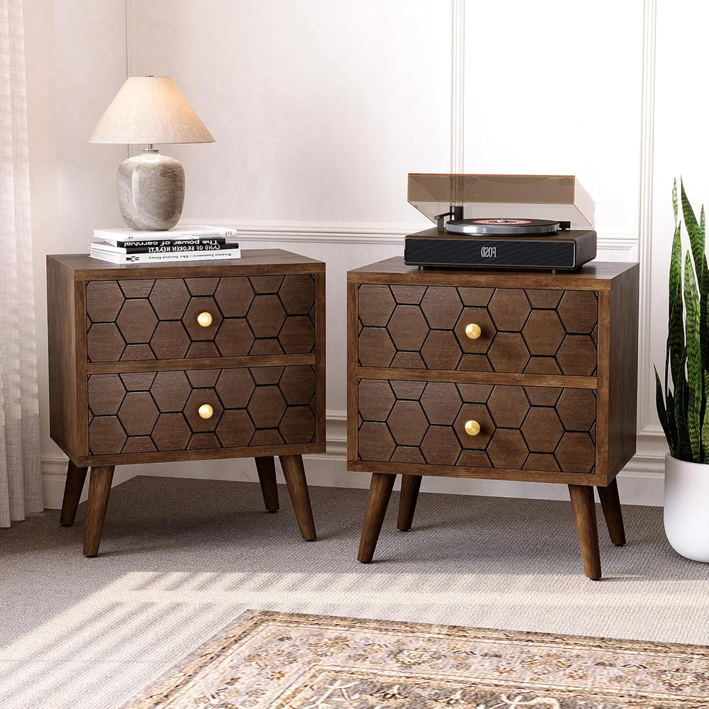 HOMPUS Wood Nightstand Set of 2, Modern Nightstand with Drawers Set 2 w Honey...