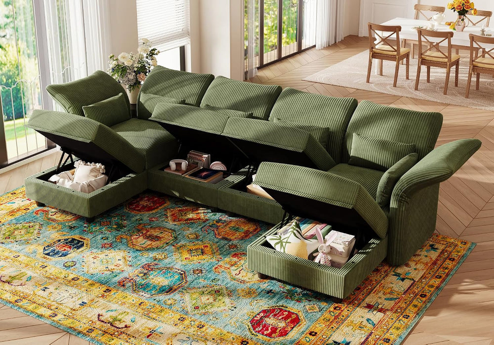 LLappuil U Shaped Sectional Sofa with Storage, 6 Seat Green Corduroy | Adjust...
