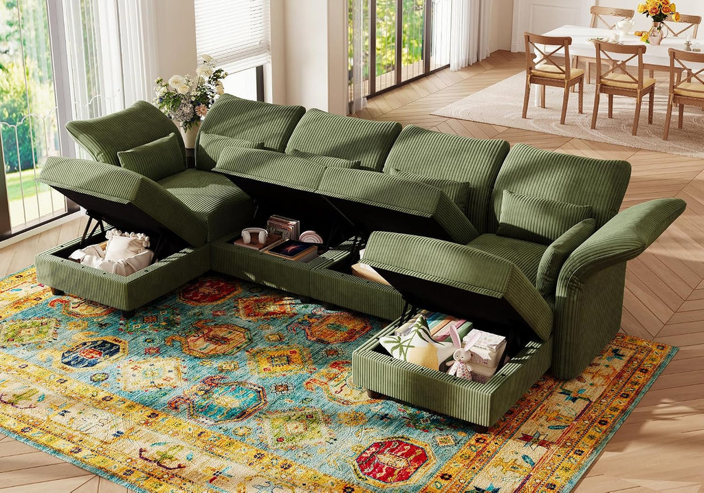 LLappuil U Shaped Sectional Sofa with Storage, 6 Seat Green Corduroy | Adjustable Backrests & Arms, Extra Deep Seat Cushions, OEKO-TEX Certified Fabric, Solid Wood Frame + 35D Foam