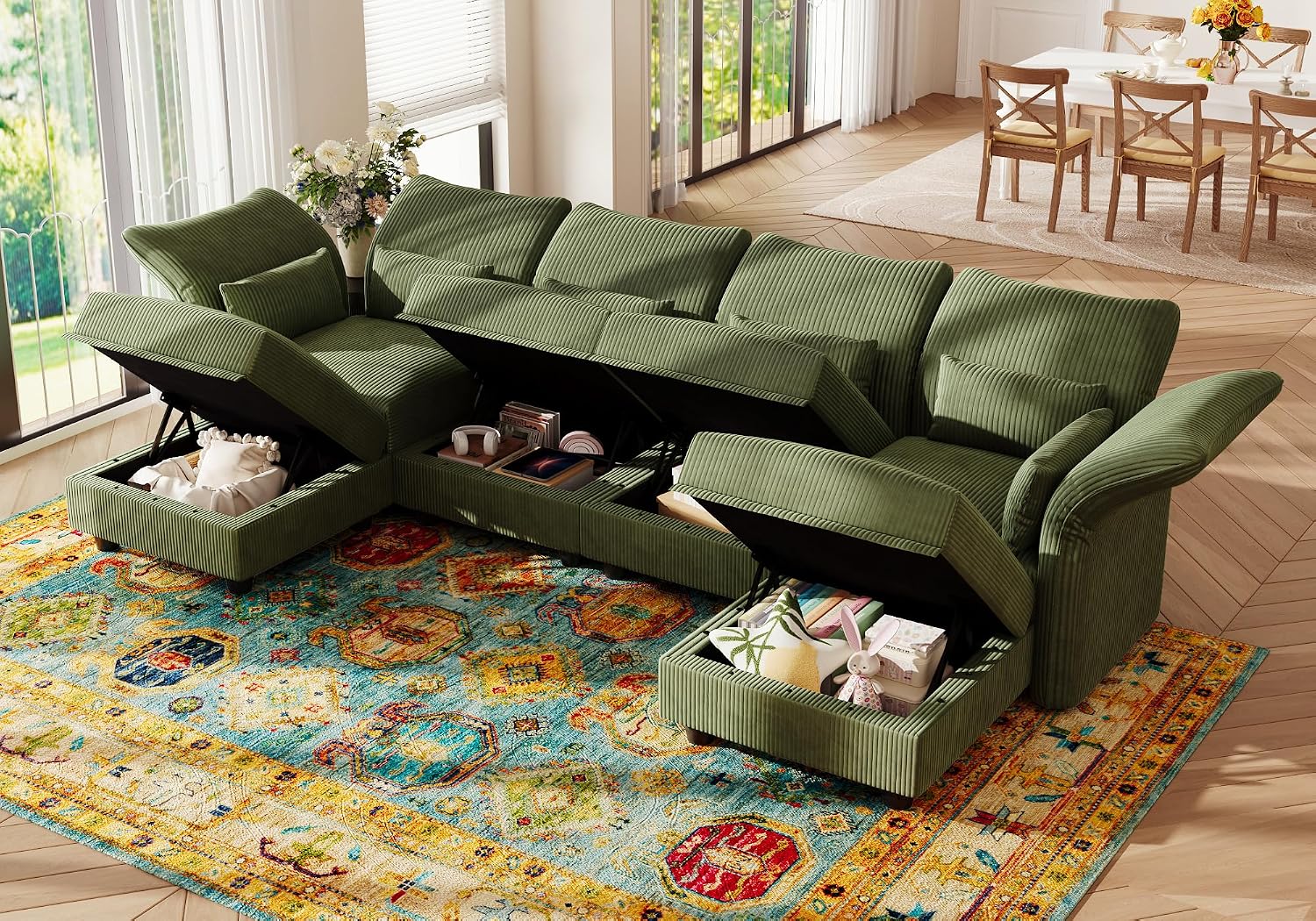 LLappuil U Shaped Sectional Sofa with Storage, 6 Seat Green Corduroy | Adjustable Backrests & Arms, Extra Deep Seat Cushions, OEKO-TEX Certified Fabric, Solid Wood Frame + 35D Foam