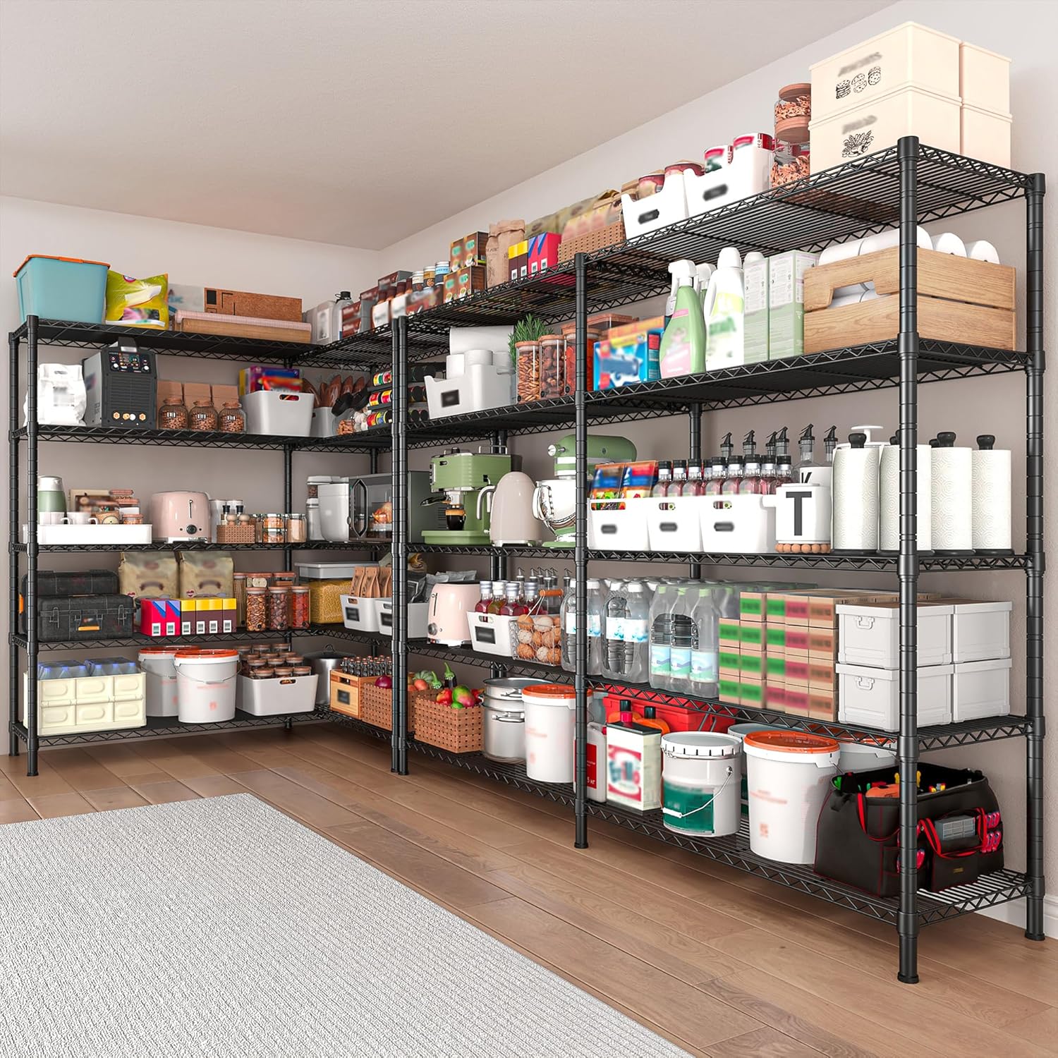 REIBII1450LBS Metal Shelving Unit Storage Shelves 5 Tier Wire Shelving 58.1''W Pantry Shelves Wire Shelf Adjustable Garage Shelving Heavy Duty Storage Rack for Pantry Kitchen Garage, Black，2 Pack