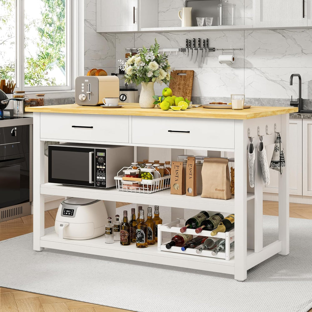 DynJest 47.3" Solid Rubberwood Kitchen Island with Power Outlets, White ...