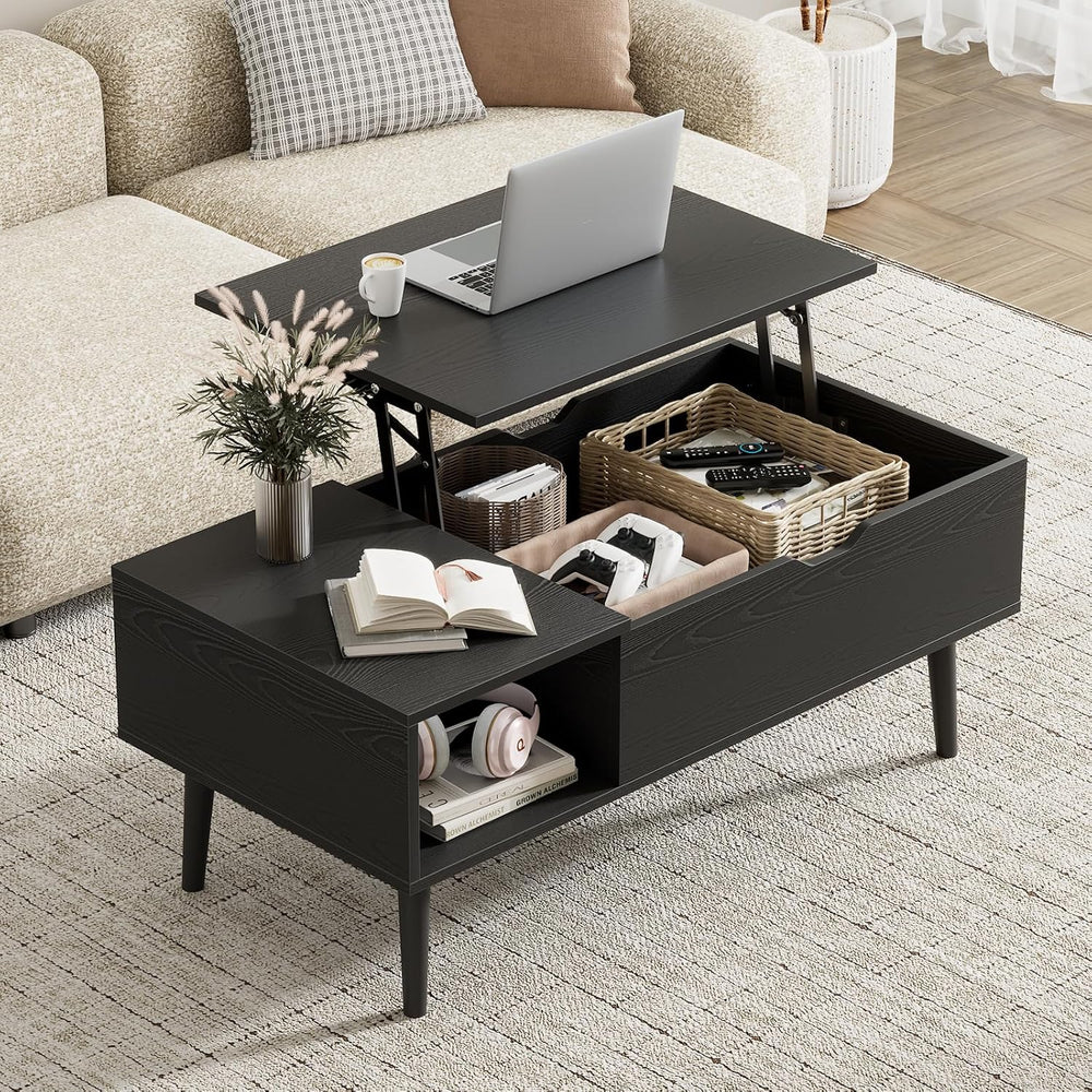 Wood Lift Top Coffee Table with Hidden Storage Compartment & Open Shelf, ...