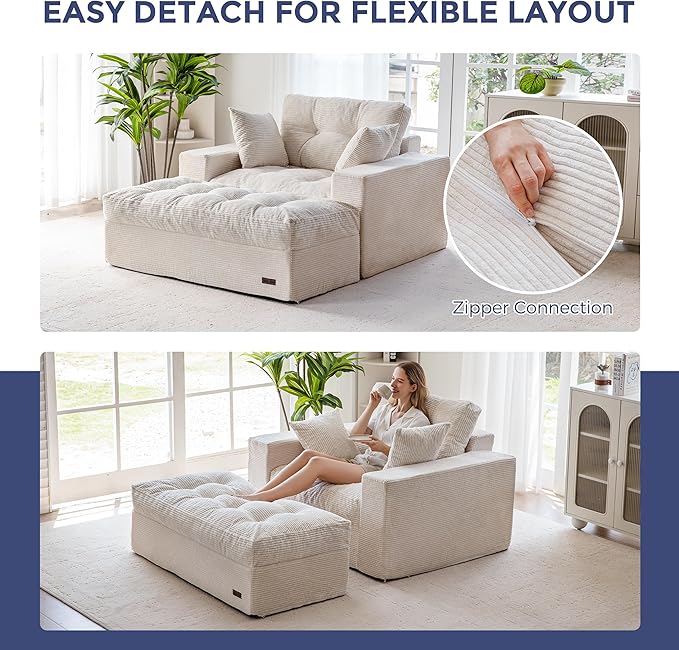 MAXYOYO Sectional Sofa Couch and Chaise Lounge, L Shaped Modern Cloud Couch with Ottoman, Comfy Sofa with Layered Cushion, Tufted Upholstered Sleeper Chair for Living Room, No Assembly Required, Beige