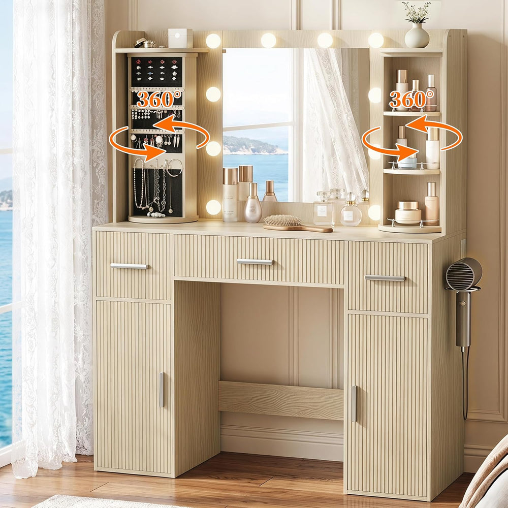 EasyCom Makeup Vanity Desk with Lights, Mirror and Jewelry Storage, Oak | USB...