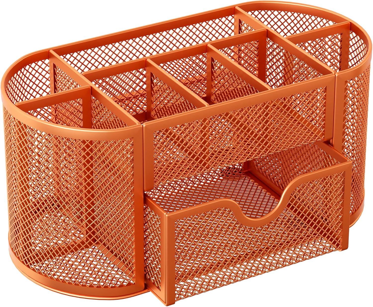 EasyPAG Mesh Pen Holder Desk Organizer with Drawer Stationery Supplies Organizer for Dorm School 9 Compartments Workspace Desk Accessories Organization for Office, Orange