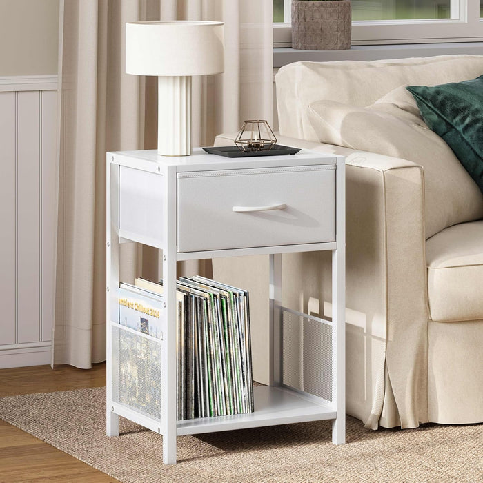 YAUKOMEL Nightstand Set of 2,End Table with Fabric Drawer,Side Table Set of 2,Storage Shelf,Bedside Table with Open Shelf,Sofa Table for Living Room,Bedroom,Small Space White CTG70W-2