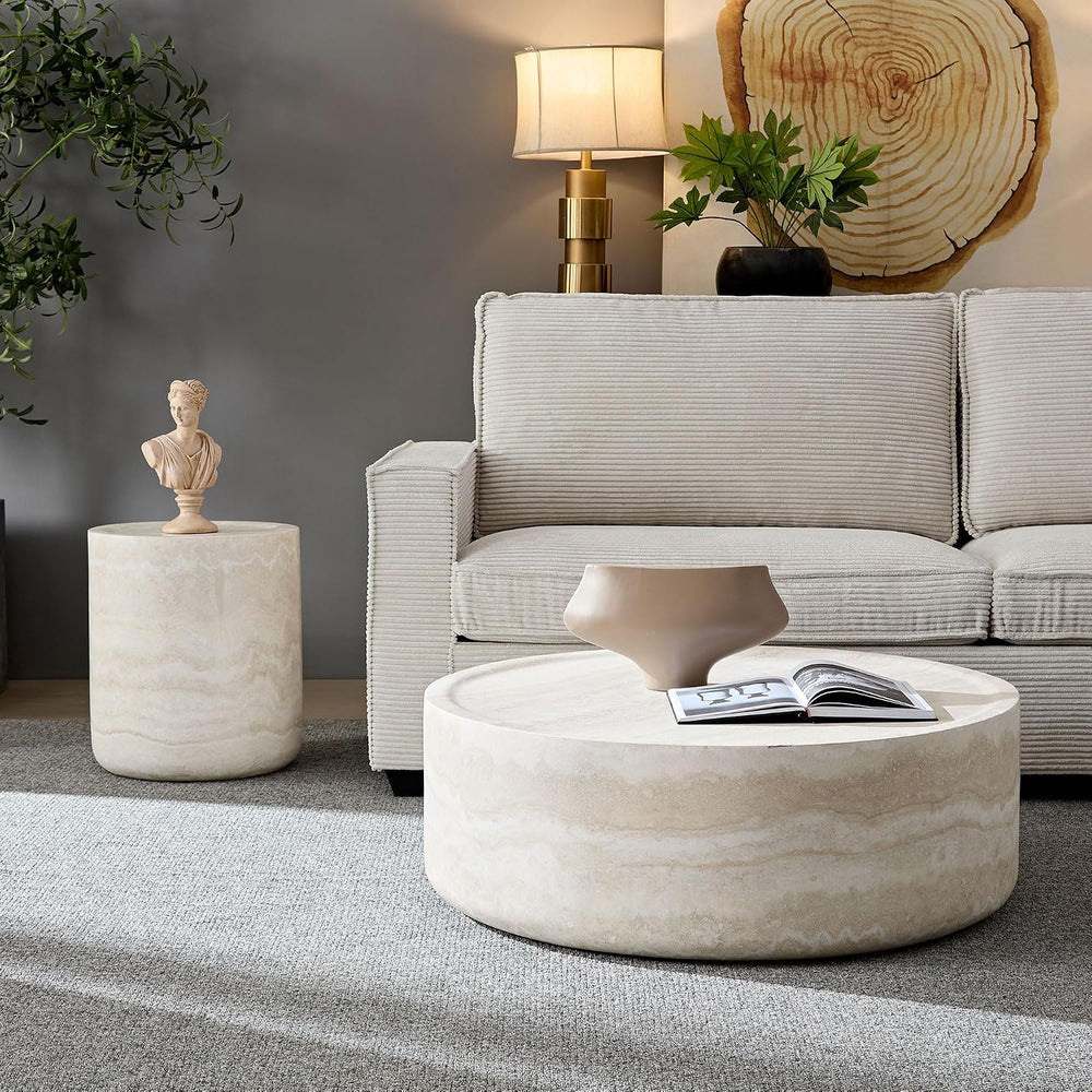 Round Coffee Table Set of 2,Marble Grain Coffee Table Set with Side Table,Cir...