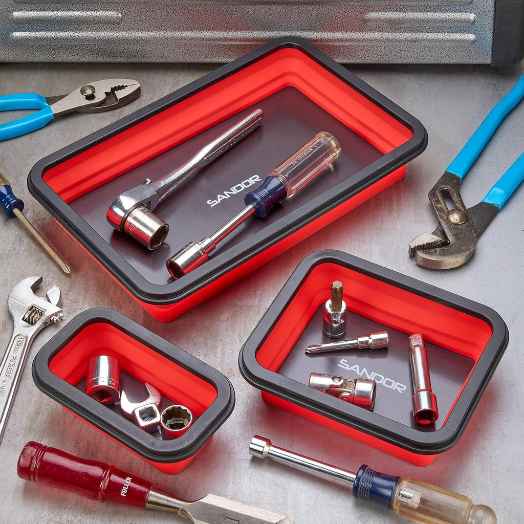Collapsible Magnetic Parts Tray Set - 3 Different Size Tool Trays for Screw, Bolts, Nuts, Washers, Pins and Other Small Metal Parts, Mechanic Tool Gifts for Men - Red