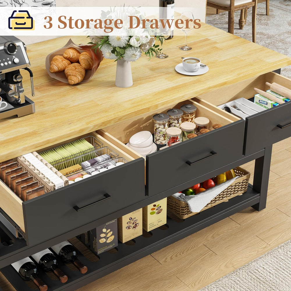 DynJest 60" Solid Rubberwood Kitchen Island with Power Outlets - Extra L...