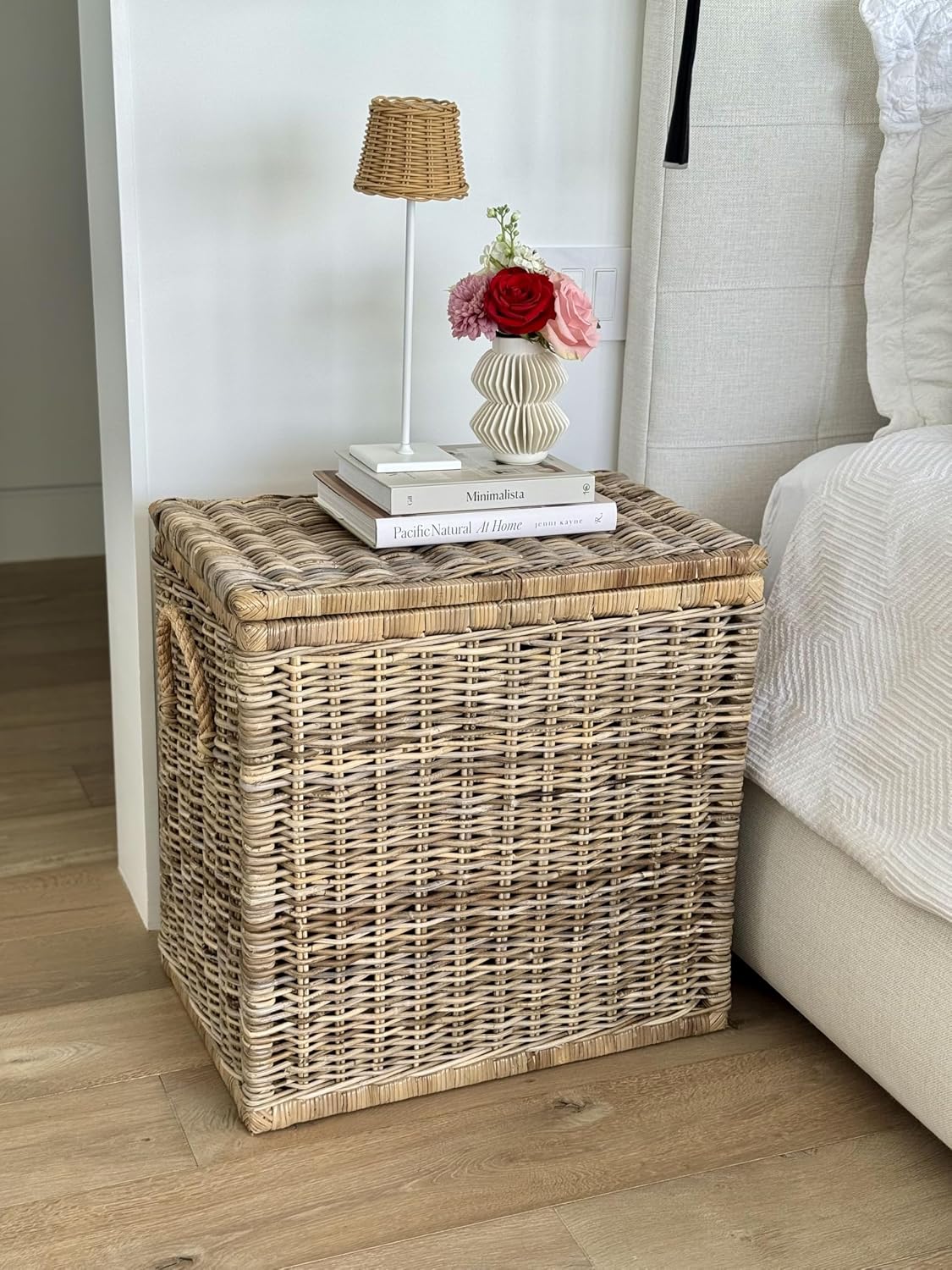 Kouboo Tall Rattan Storage Basket with Handles and Lid Wicker Trunk for Bedroom, Bathroom or any Room Natural Coastal Beach Style Decor 24 in. H x 24 in. W x 16 in. D - from