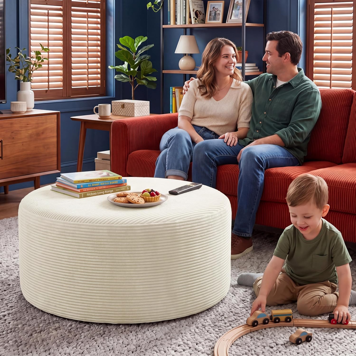 BSHOMGI Round Ottoman,Corduroy Ottomans Foot Stool, 27.5" Pouf Footstool Ottomans Seat, Round Footrest, Modern Side Table for Living Room Bedroom Home Decor No Assembly Require (Beige, 27.5")